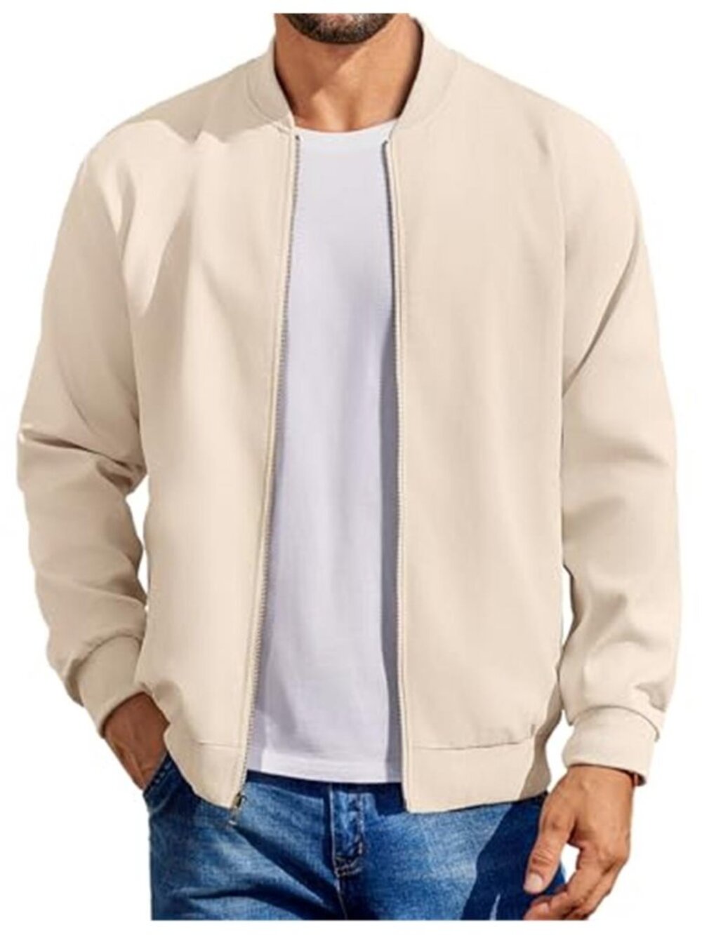 Mens Linen Bomber Jacket Lightweight Full Zip Casual Flight Jacket Long Sleeve